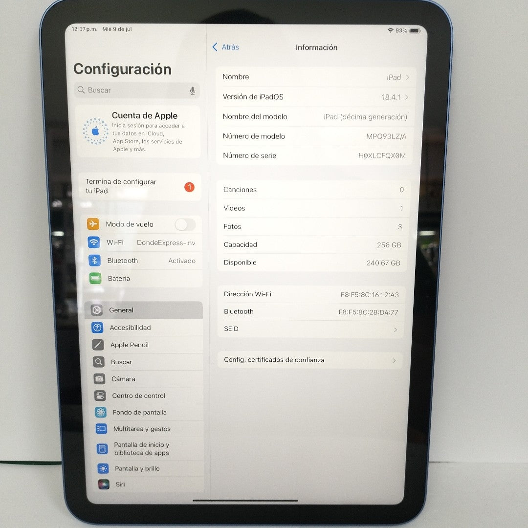 TABLETA APPLE IPAD 10 A2696 256 GB 4 GB RAM (SEMINUEVO)