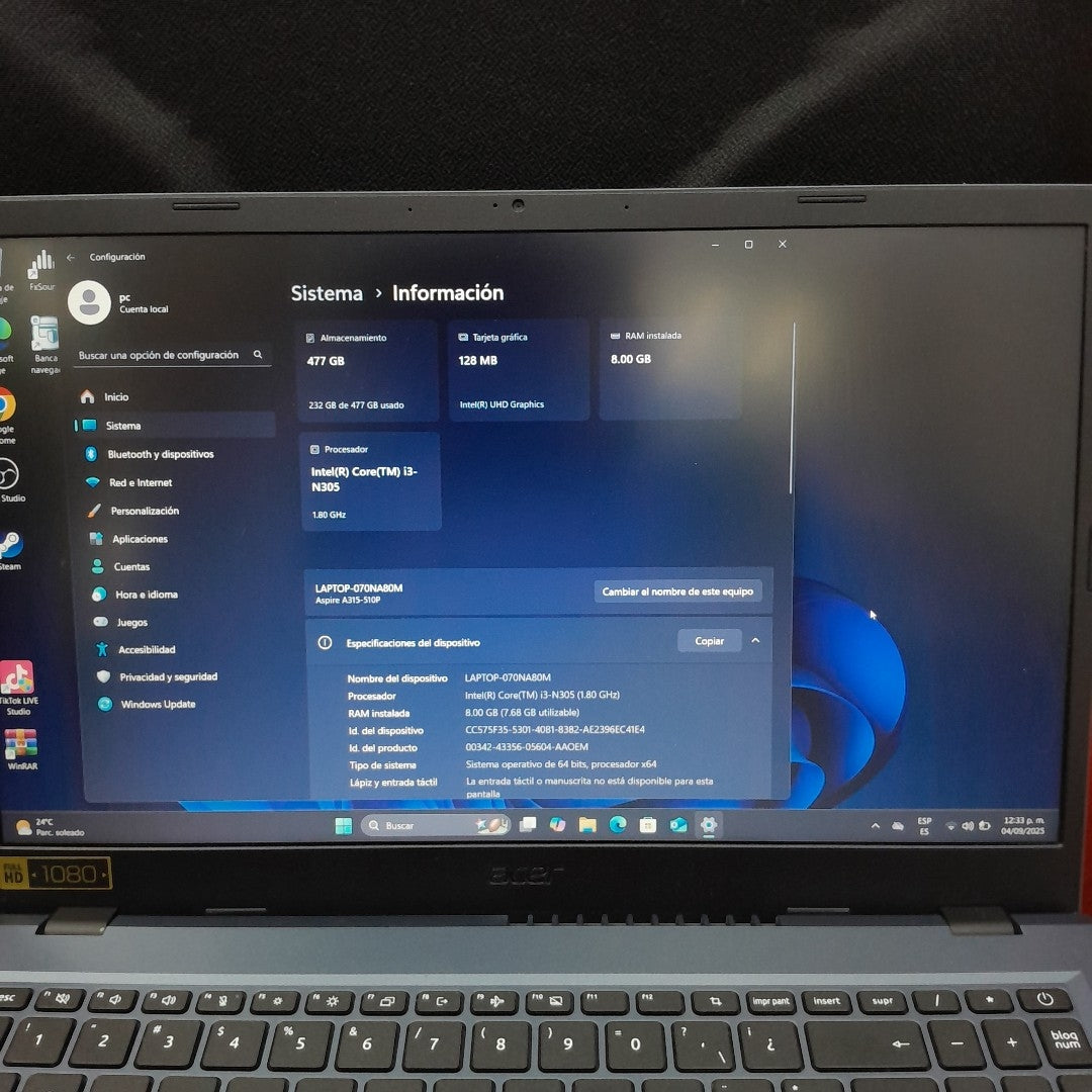 LAPTOP ACER ASPIRE 3 A315-510P-37AL (2023) 512 GB SSD 8 GB RAM (SEMINUEVO)