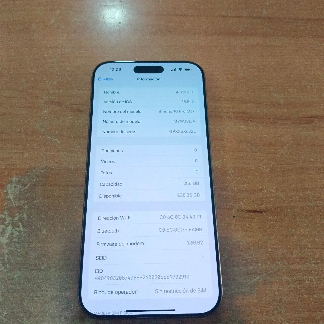 CELULAR APPLE IPHONE 16 PRO MAX A3295 (2024) 256 GB 8 GB RAM (SEMINUEVO)