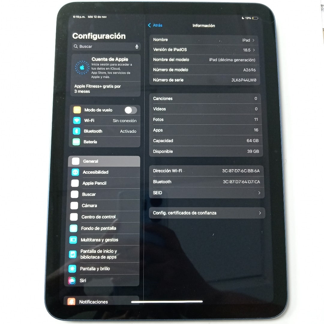 TABLETA APPLE IPAD 10 A2696 64 GB 4 GB RAM (SEMINUEVO)
