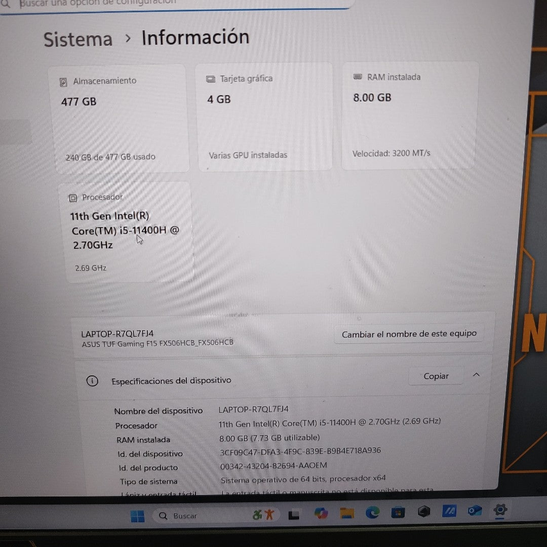 LAPTOP ASUS TUF GAMING F15 FX506HCB-HN1138W (2022) 512 GB SSD 8 GB RAM (SEMINUEVO)