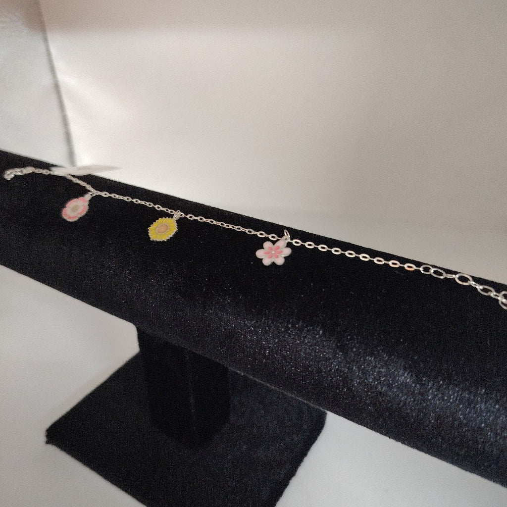 PULSERA TEJIDO ESPECIAL CON DIJE FLORES PLATA .925 21 CM 2.3 GR (NUEVO)