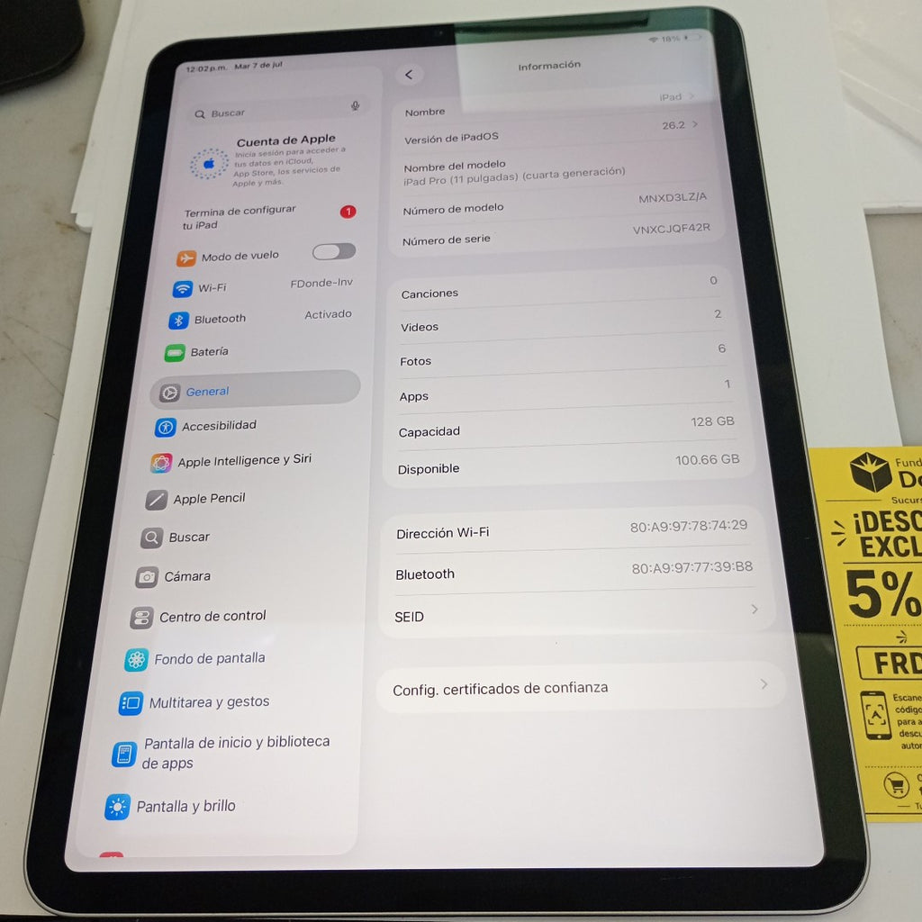 TABLETA APPLE IPAD PRO 4 11" A2759 128 GB 8 GB RAM (SEMINUEVO)