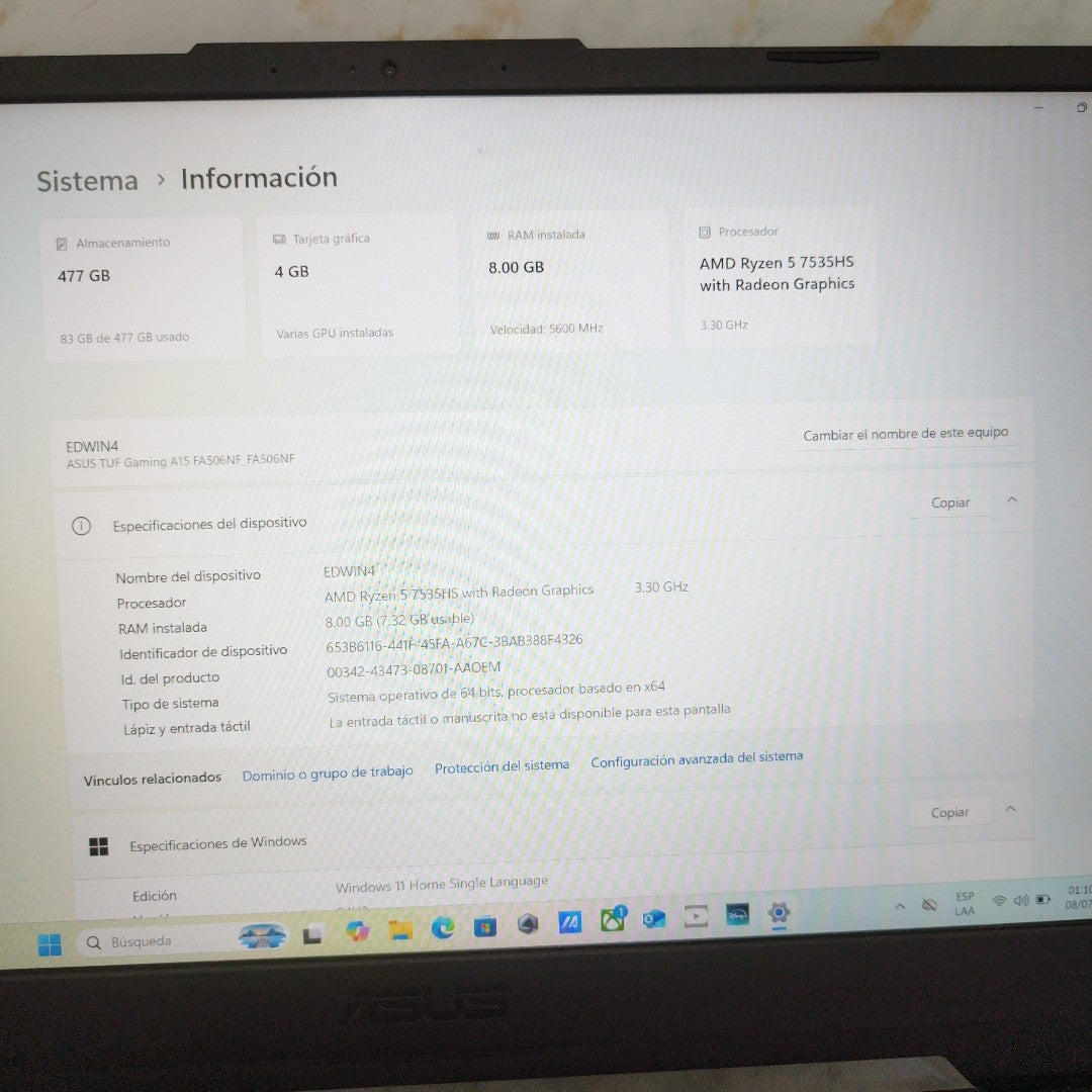 LAPTOP ASUS TUF GAMING A15 FA506NF-HN003W (2024) 512 GB SSD 8 GB RAM (SEMINUEVO)