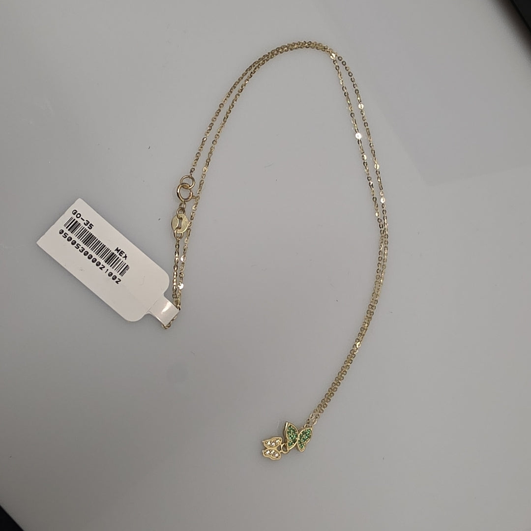 CADENA TEJIDO GARGANTILLA CON DIJE MARIPOSAS CIRCONIAS Y PIEDRAS DE COLOR 14K 45 CM 2 GR (NUEVO)