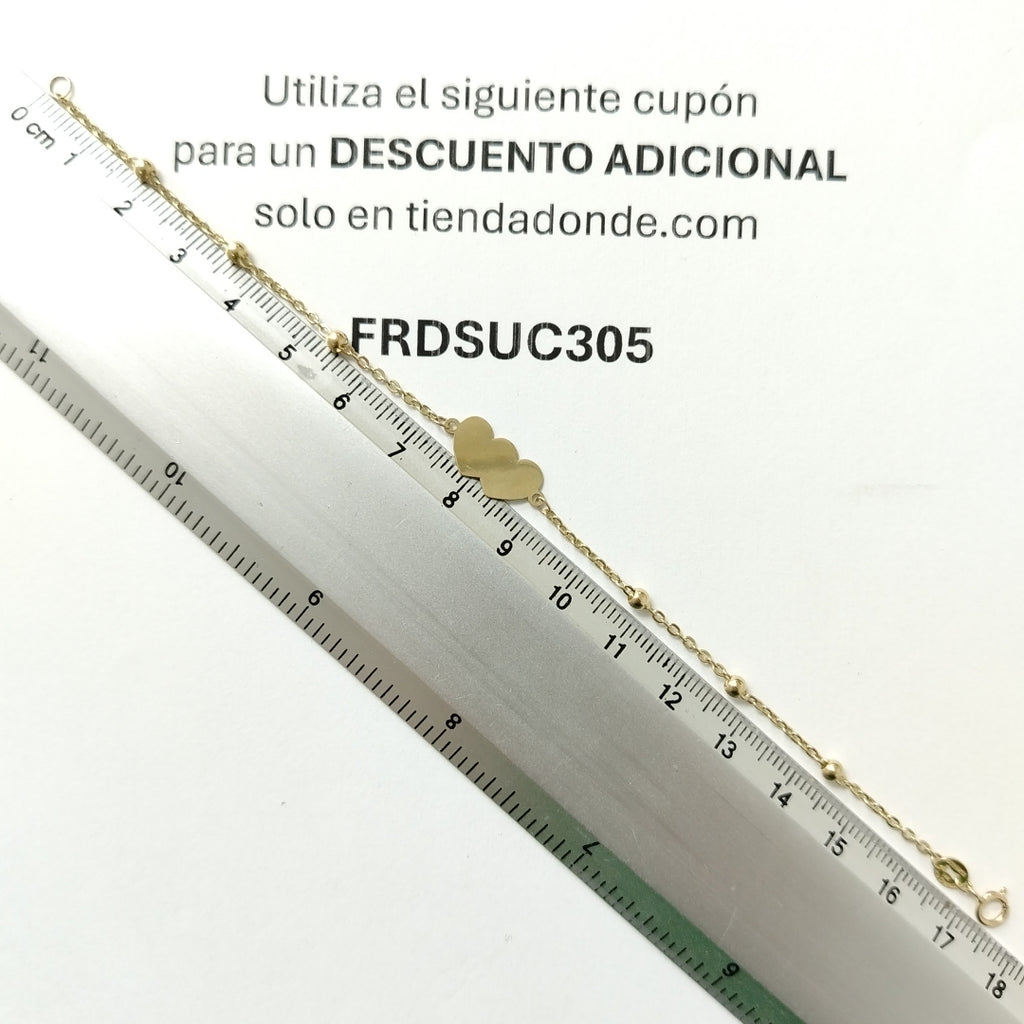 PULSERA TEJIDO ESPECIAL CON DOS CORAZONES 14K 18 CM 1.7 GR (NUEVO)