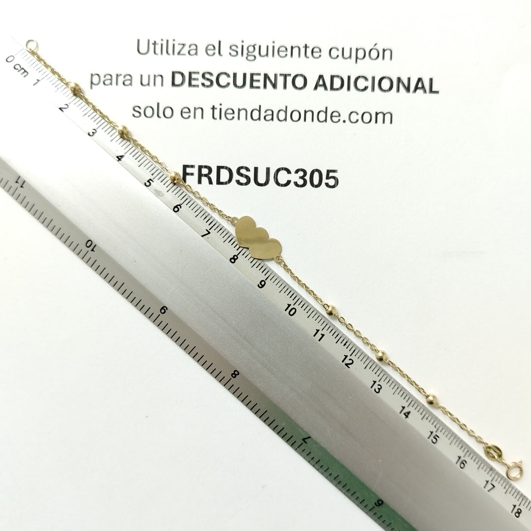 PULSERA TEJIDO ESPECIAL CON DOS CORAZONES 14K 18 CM 1.7 GR (NUEVO)