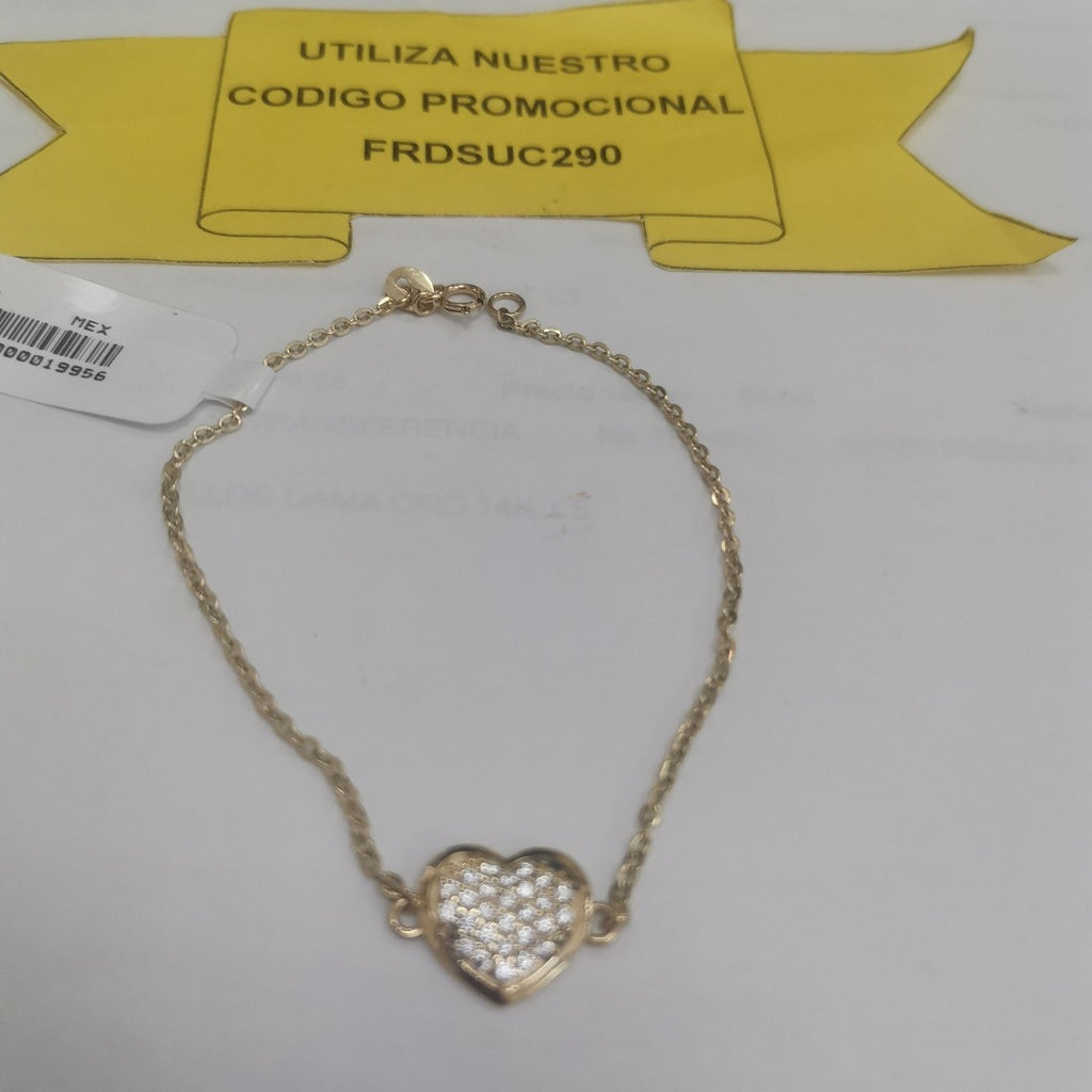 PULSERA TEJIDO ESPECIAL C CORAZON CIRCONIAS 14K 18 CM 2 GR (NUEVO)