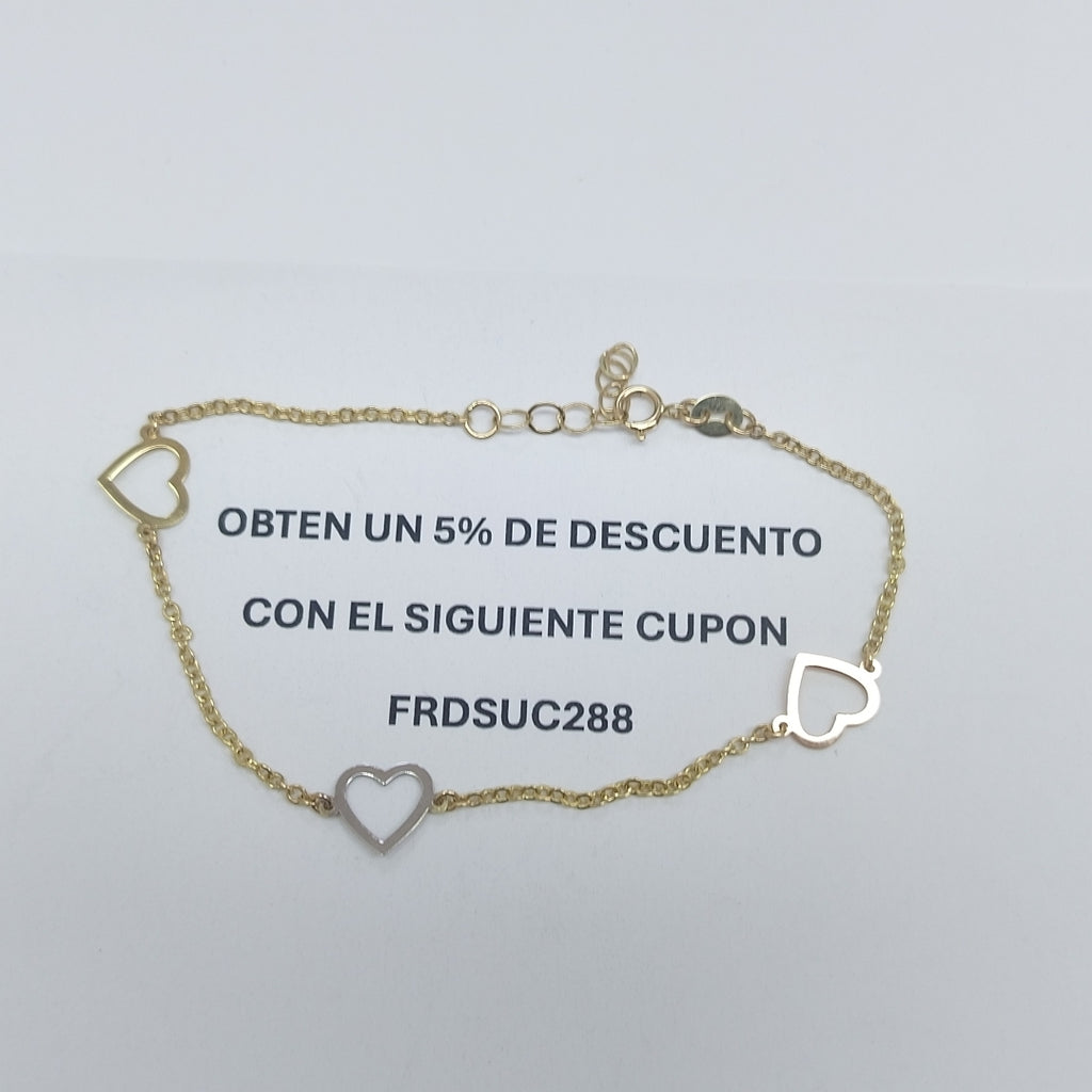 PULSERA ESPECIAL CON CORAZONES CONBINADOS 14K 18 CM 1.7 GR (NUEVO)