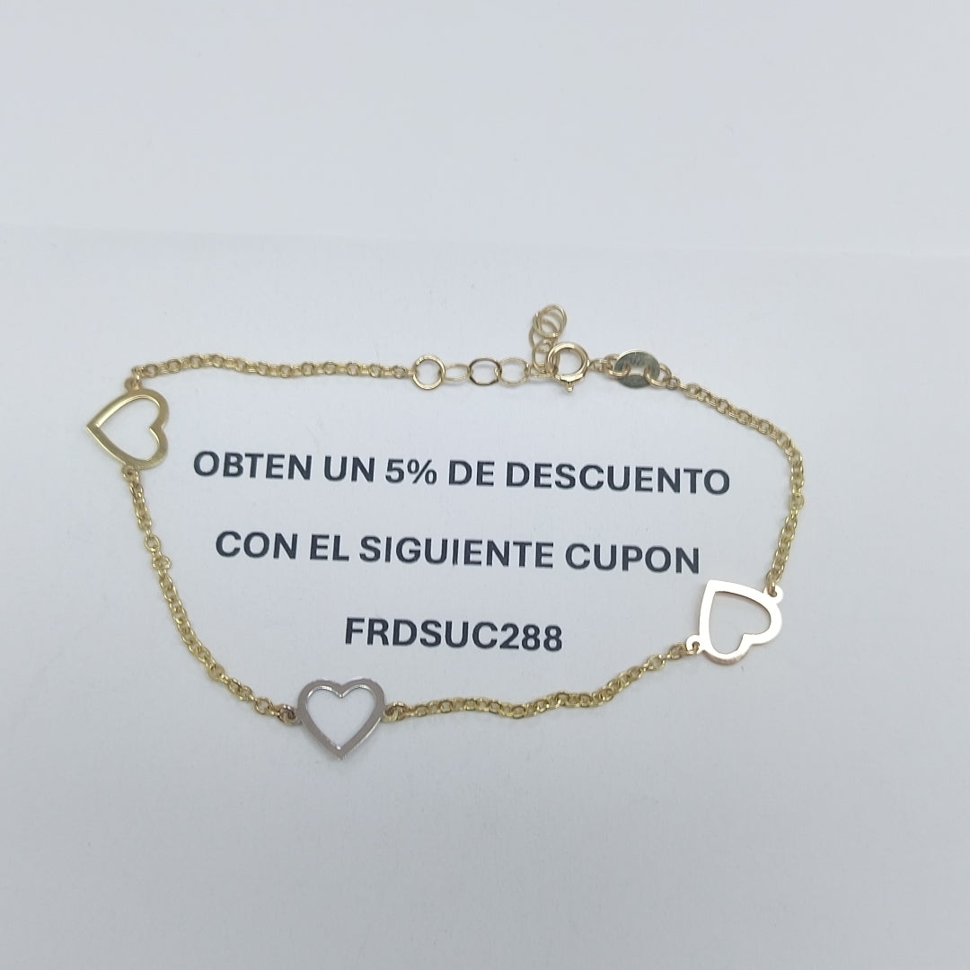 PULSERA ESPECIAL CON CORAZONES CONBINADOS 14K 18 CM 1.7 GR (NUEVO)