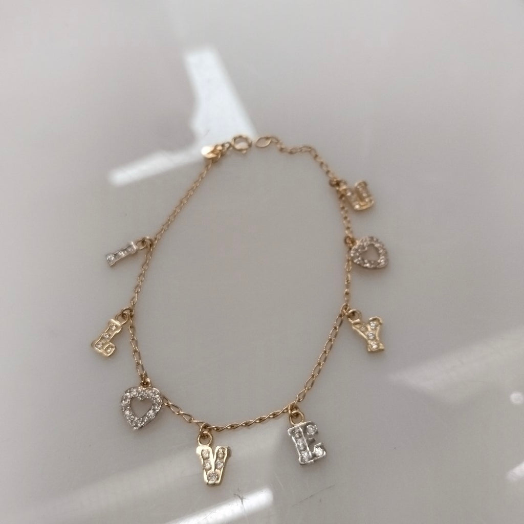 PULSERA ESPECIAL CON DIJES Y CIRCONIAS 14K 18 CM 3.3 GR (NUEVO)