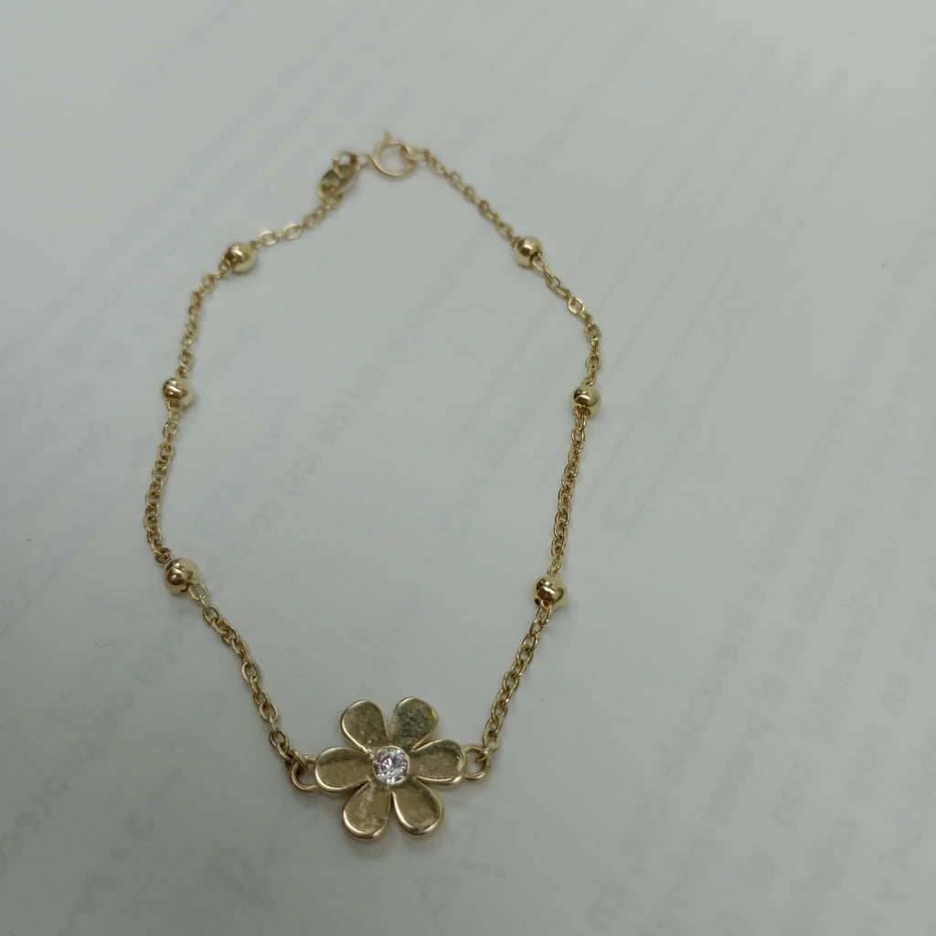PULSERA TEJIDO ESPECIAL FLOR CON CIRCONIA 14K 18 CM 2.5 GR (NUEVO)