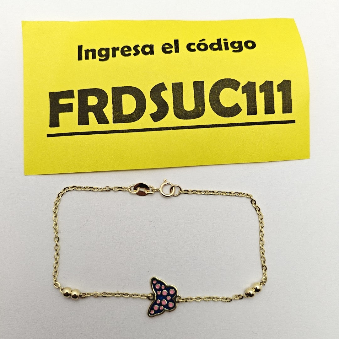 PULSERA TEJIDO ESPECIAL MARIPOSA CON ESMALTE 14K 18 CM 1.9 GR (NUEVO)
