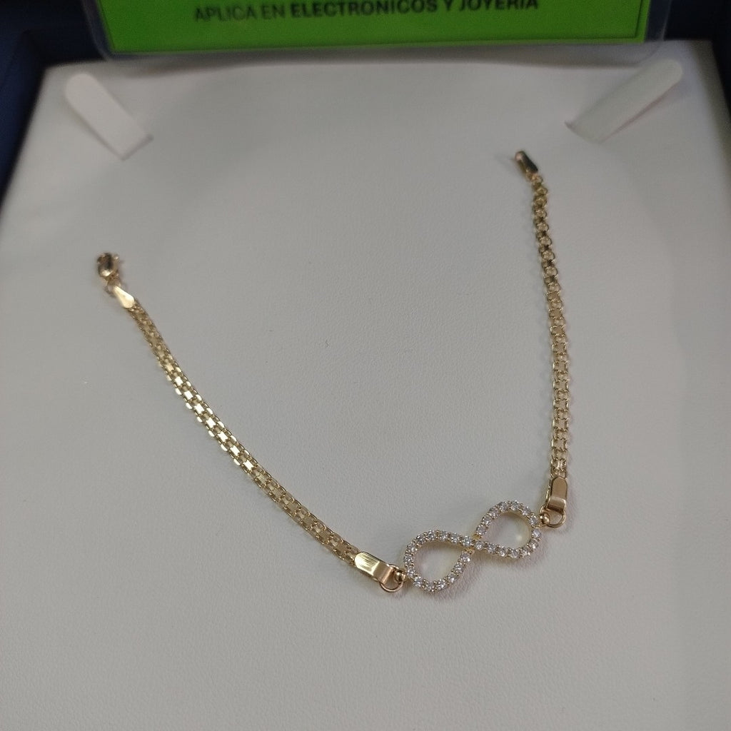 PULSERA TEJIDO ESPECIAL CON INFINITO Y CIRCONIAS 14K 18 CM 3.4 GR (NUEVO)