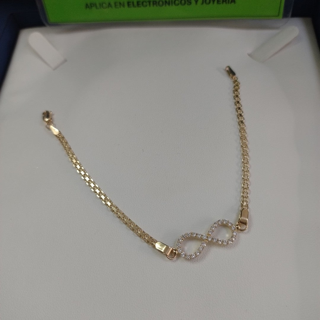 PULSERA TEJIDO ESPECIAL CON INFINITO Y CIRCONIAS 14K 18 CM 3.4 GR (NUEVO)