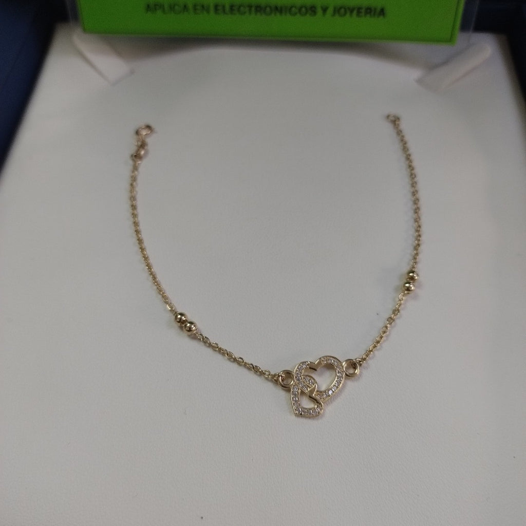 PULSERA TEJIDO ESPECIAL CORAZONES CON CIRCONIAS 14K 18 CM 2.4 GR (NUEVO)