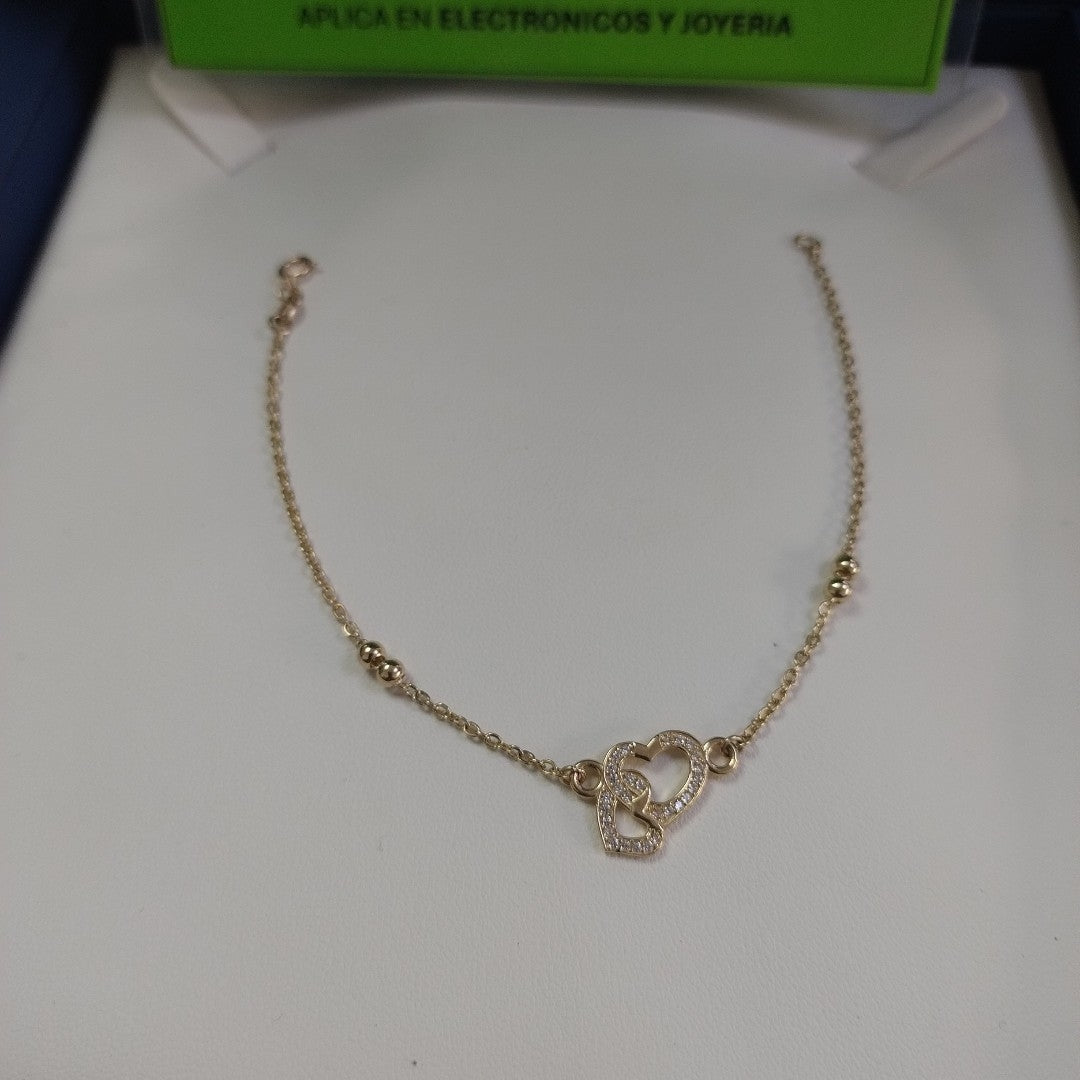 PULSERA TEJIDO ESPECIAL CORAZONES CON CIRCONIAS 14K 18 CM 2.4 GR (NUEVO)