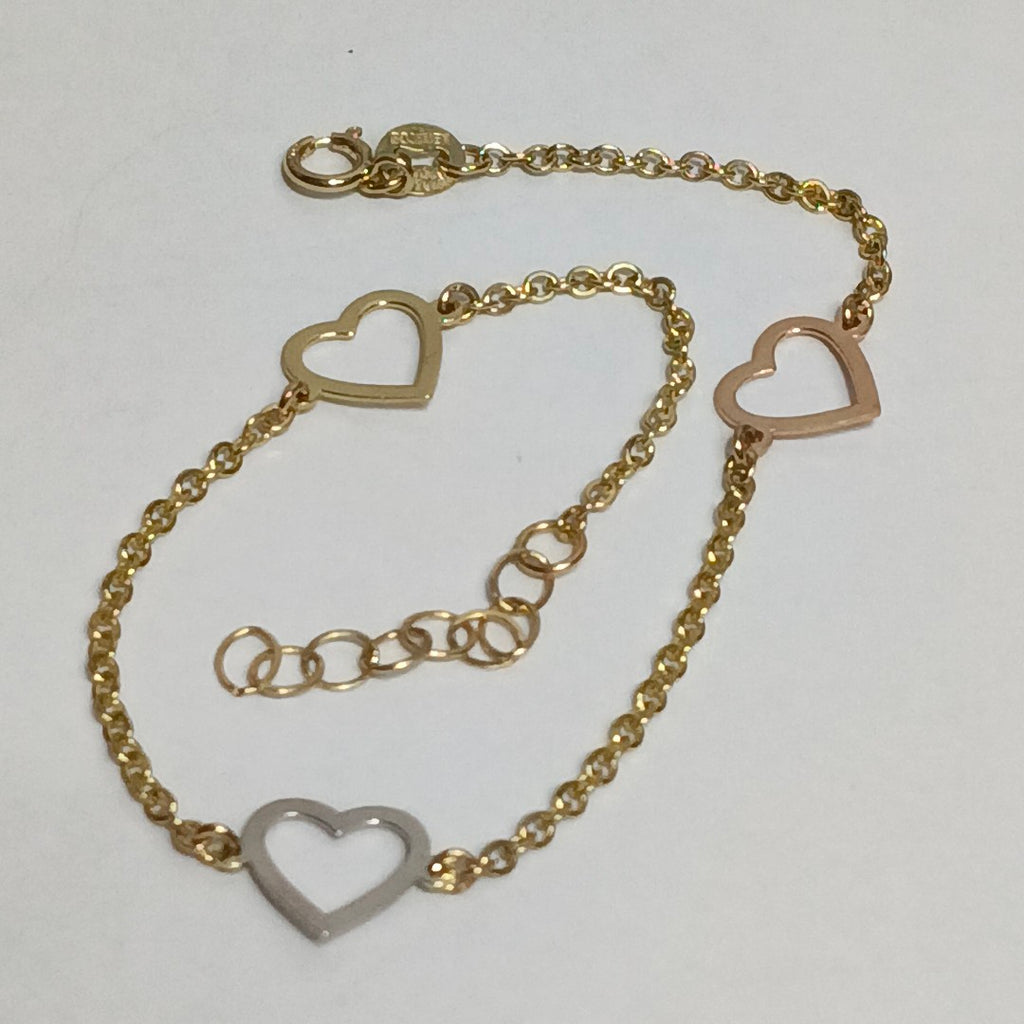 PULSERA ESPECIAL CON CORAZONES CONBINADOS 14K 18 CM 1.7 GR (NUEVO)