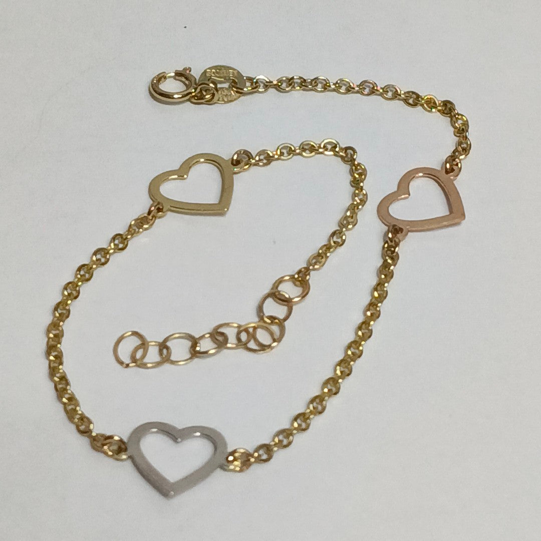 PULSERA ESPECIAL CON CORAZONES CONBINADOS 14K 18 CM 1.7 GR (NUEVO)