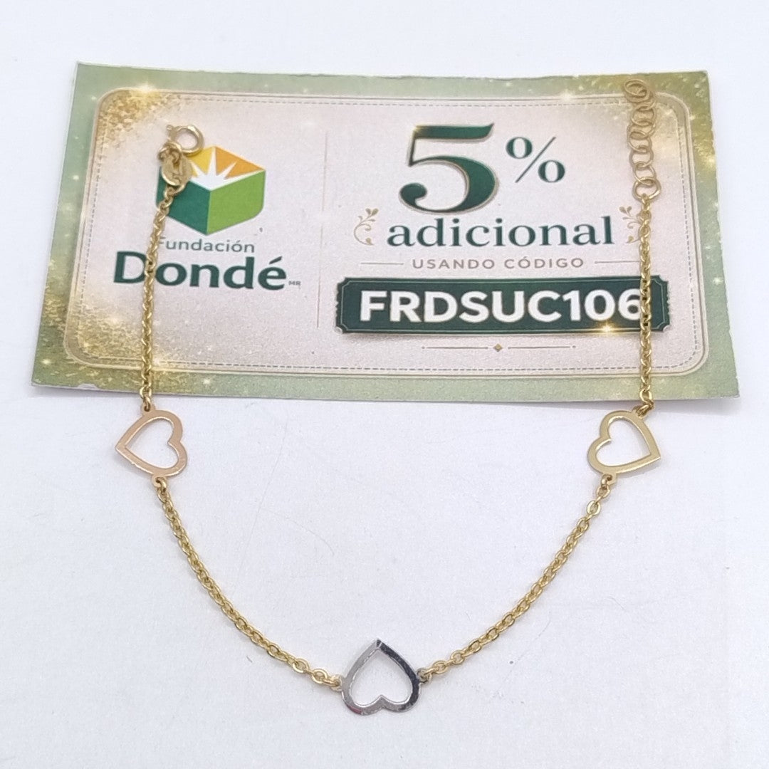 PULSERA ESPECIAL CON CORAZONES CONBINADOS 14K 18 CM 1.6 GR (NUEVO)
