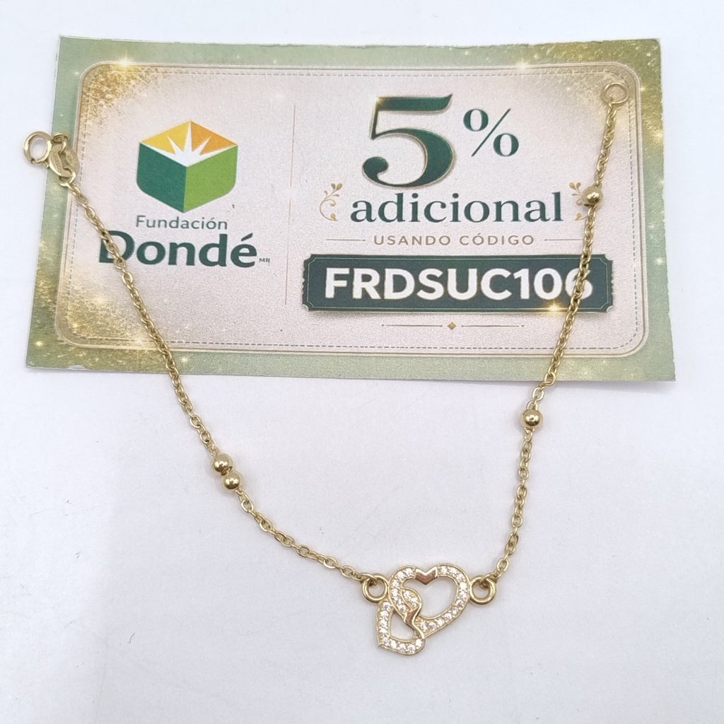 PULSERA TEJIDO ESPECIAL CORAZONES CON CIRCONIAS 14K 18 CM 2.4 GR (NUEVO)