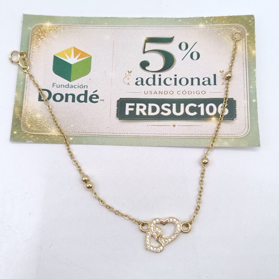 PULSERA TEJIDO ESPECIAL CORAZONES CON CIRCONIAS 14K 18 CM 2.4 GR (NUEVO)