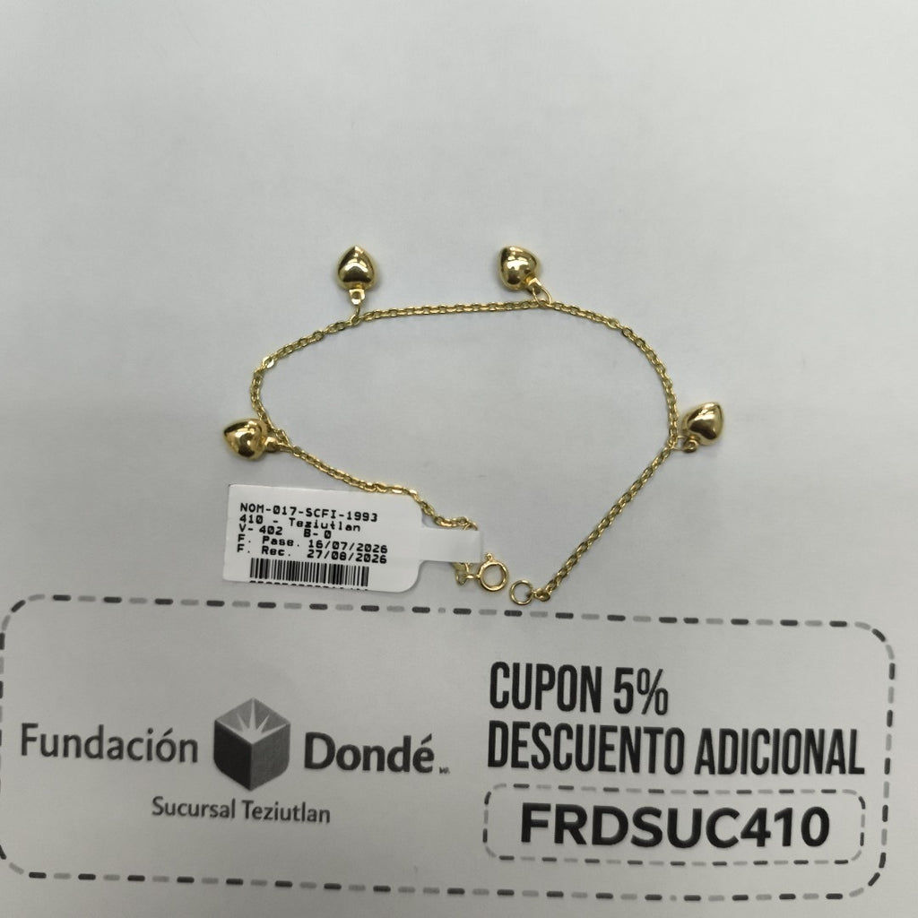 PULSERA ESP CON FIG CORAZONES 14K 18 CM 1.8 GR (NUEVO)
