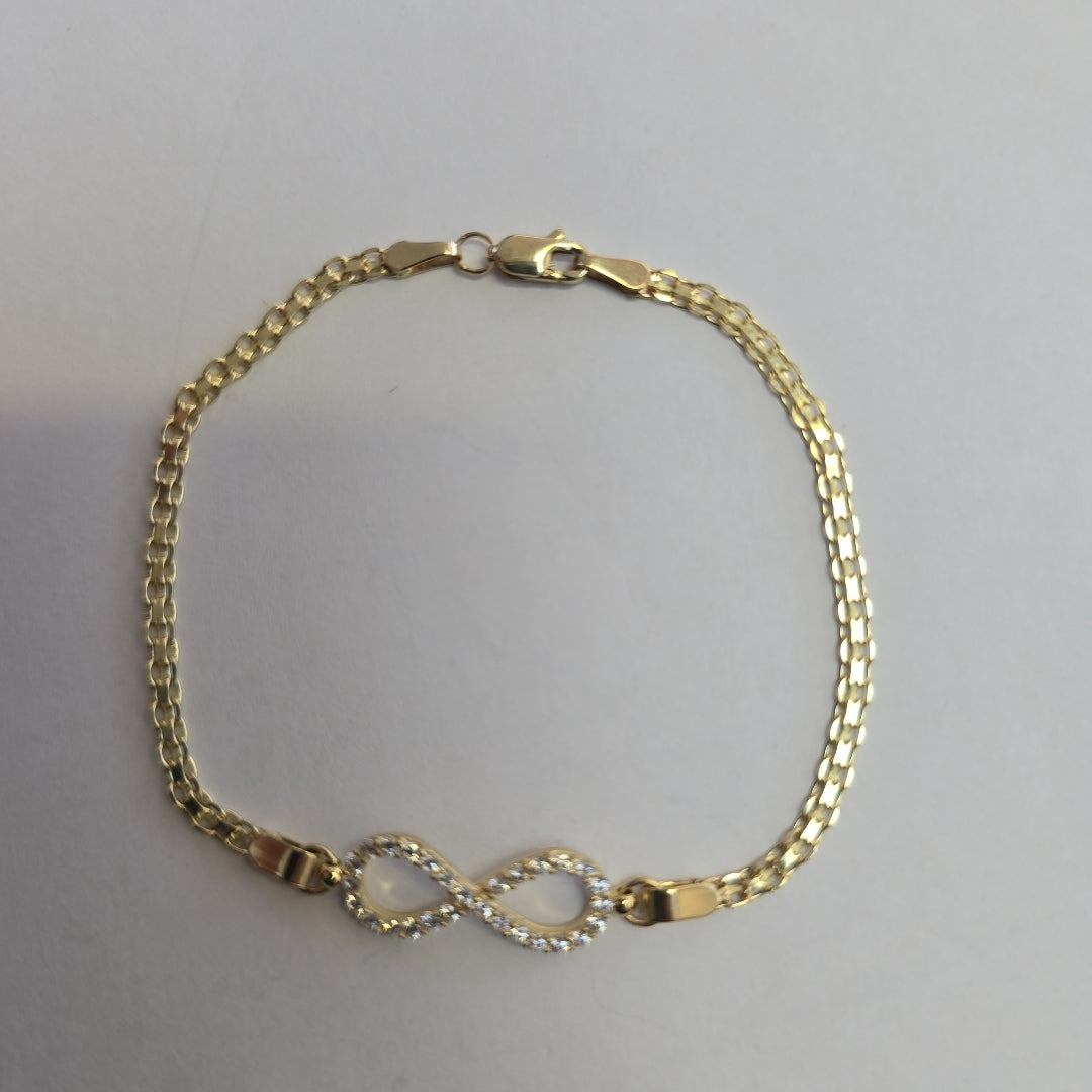 PULSERA TEJIDO ESPECIAL CON INFINITO Y CIRCONIAS 14K 18 CM 3.4 GR (NUEVO)