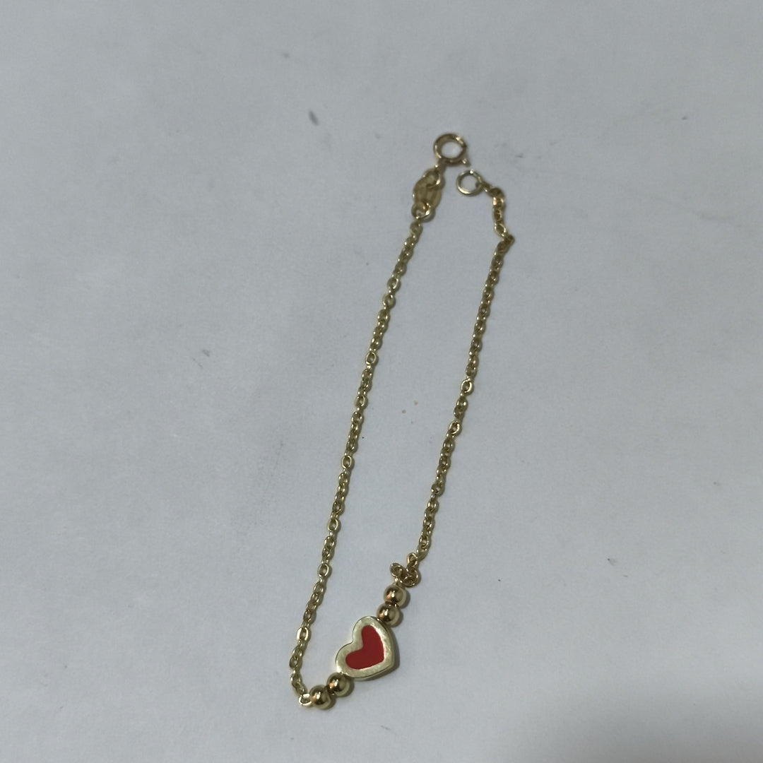 PULSERA TEJIDO ESPECIAL C CORAZON ROJO 14K 18 CM 1.9 GR (NUEVO)
