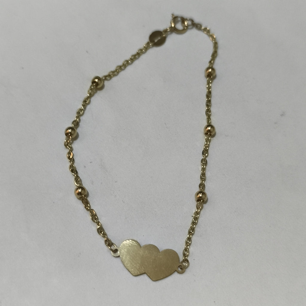 PULSERA TEJIDO ESPECIAL CON DOS CORAZONES 14K 18 CM 1.7 GR (NUEVO)