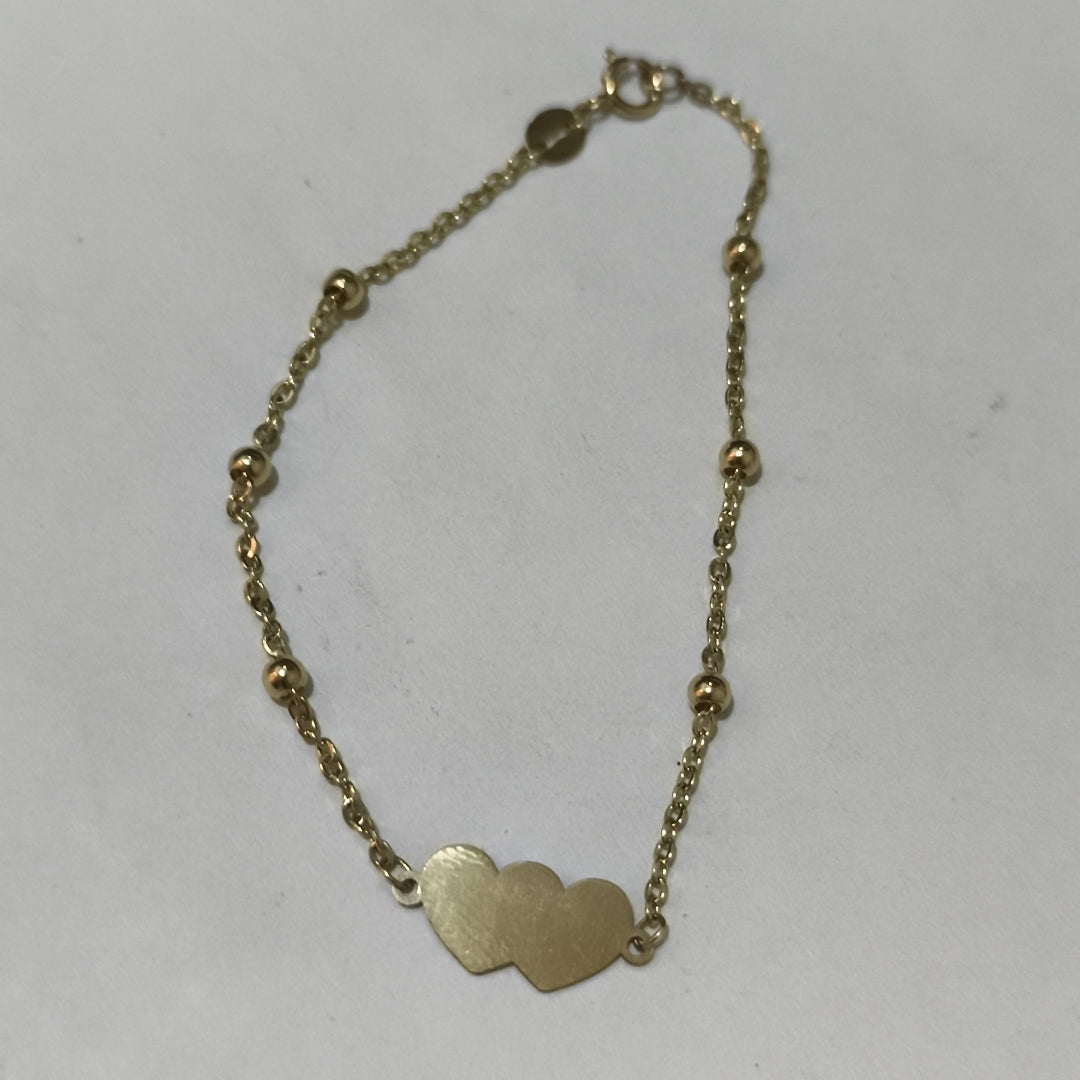 PULSERA TEJIDO ESPECIAL CON DOS CORAZONES 14K 18 CM 1.7 GR (NUEVO)