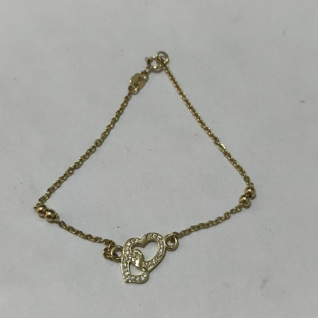 PULSERA TEJIDO ESPECIAL CORAZONES CON CIRCONIAS 14K 18 CM 2.4 GR (NUEVO)