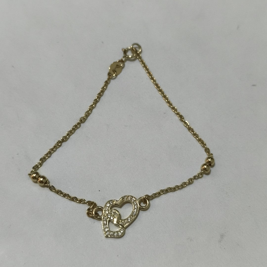 PULSERA TEJIDO ESPECIAL CORAZONES CON CIRCONIAS 14K 18 CM 2.4 GR (NUEVO)