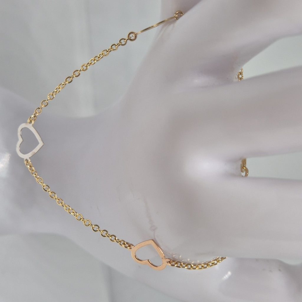 PULSERA ESPECIAL CON CORAZONES CONBINADOS 14K 18 CM 1.6 GR (NUEVO)