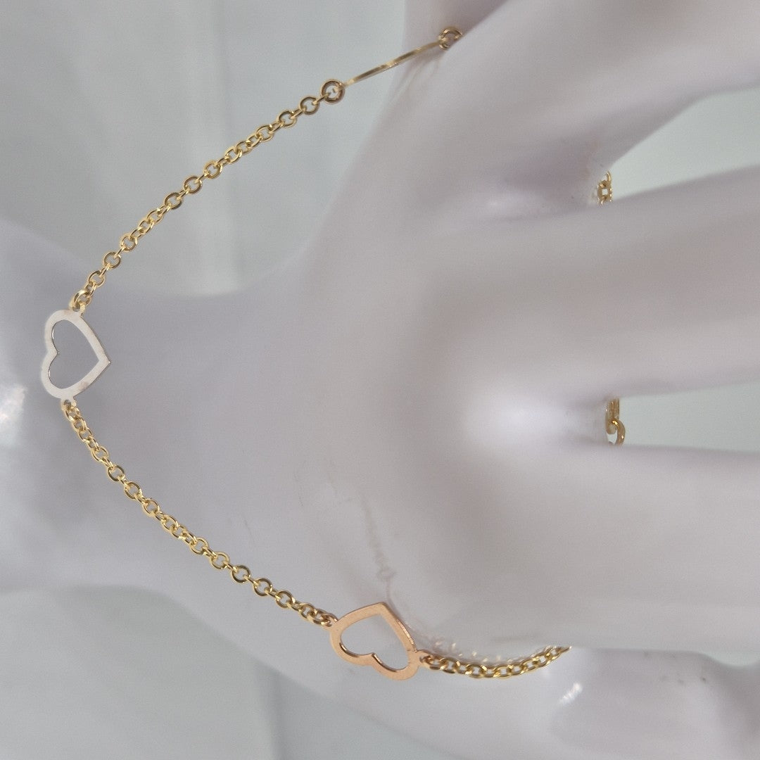 PULSERA ESPECIAL CON CORAZONES CONBINADOS 14K 18 CM 1.6 GR (NUEVO)