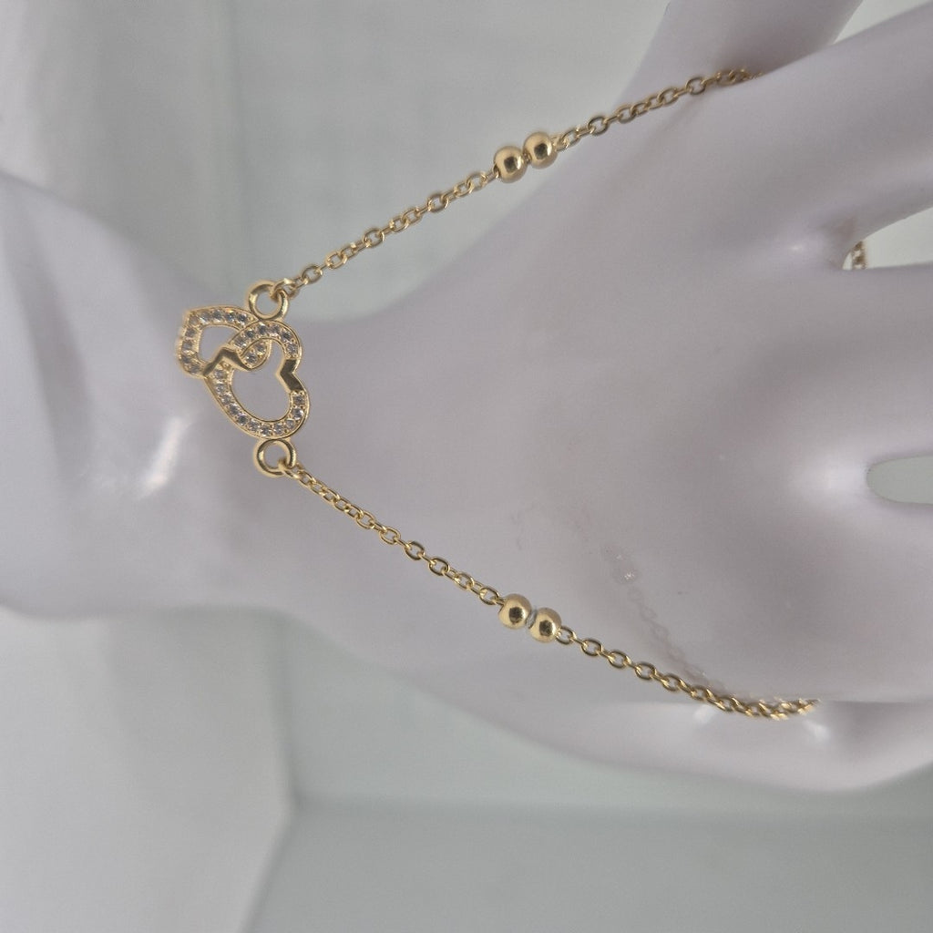 PULSERA TEJIDO ESPECIAL CORAZONES CON CIRCONIAS 14K 18 CM 2.4 GR (NUEVO)