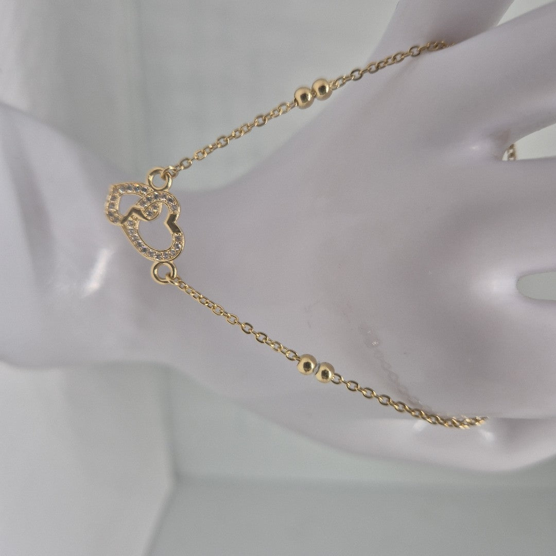 PULSERA TEJIDO ESPECIAL CORAZONES CON CIRCONIAS 14K 18 CM 2.4 GR (NUEVO)
