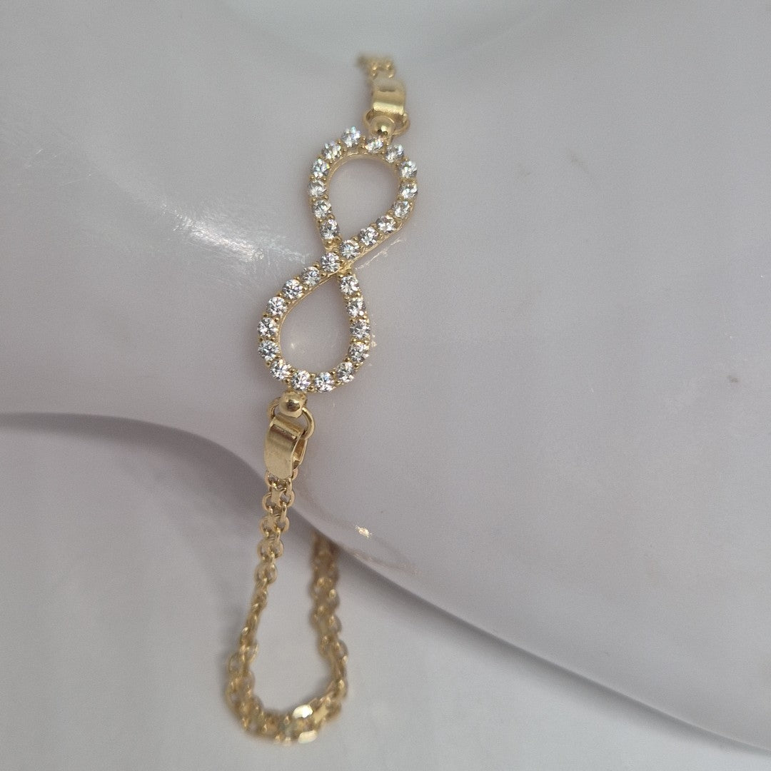 PULSERA TEJIDO ESPECIAL CON INFINITO Y CIRCONIAS 14K 18 CM 3.4 GR (NUEVO)