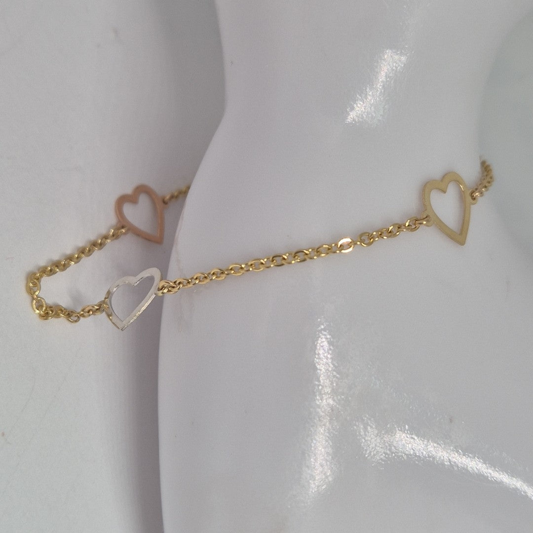 PULSERA ESPECIAL CON CORAZONES CONBINADOS 14K 18 CM 1.7 GR (NUEVO)