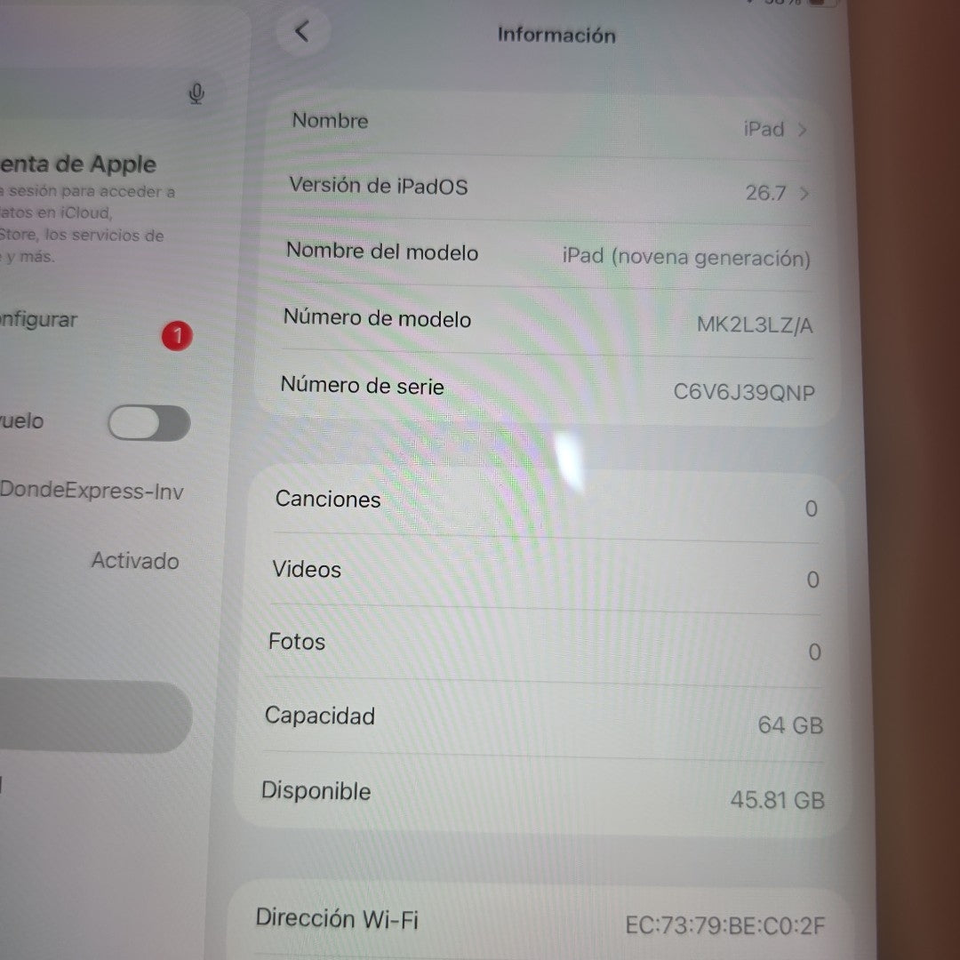TABLETA APPLE IPAD 9 A2602 64 GB 3 GB RAM (SEMINUEVO)