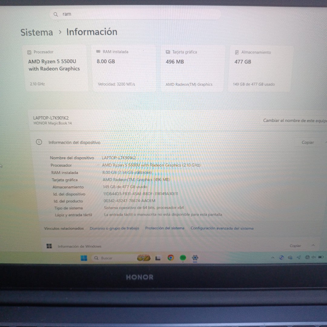 LAPTOP HONOR MAGICBOOK 14 NMH-WDQ9HN (2022) 512 GB SSD 8 GB RAM (SEMINUEVO)