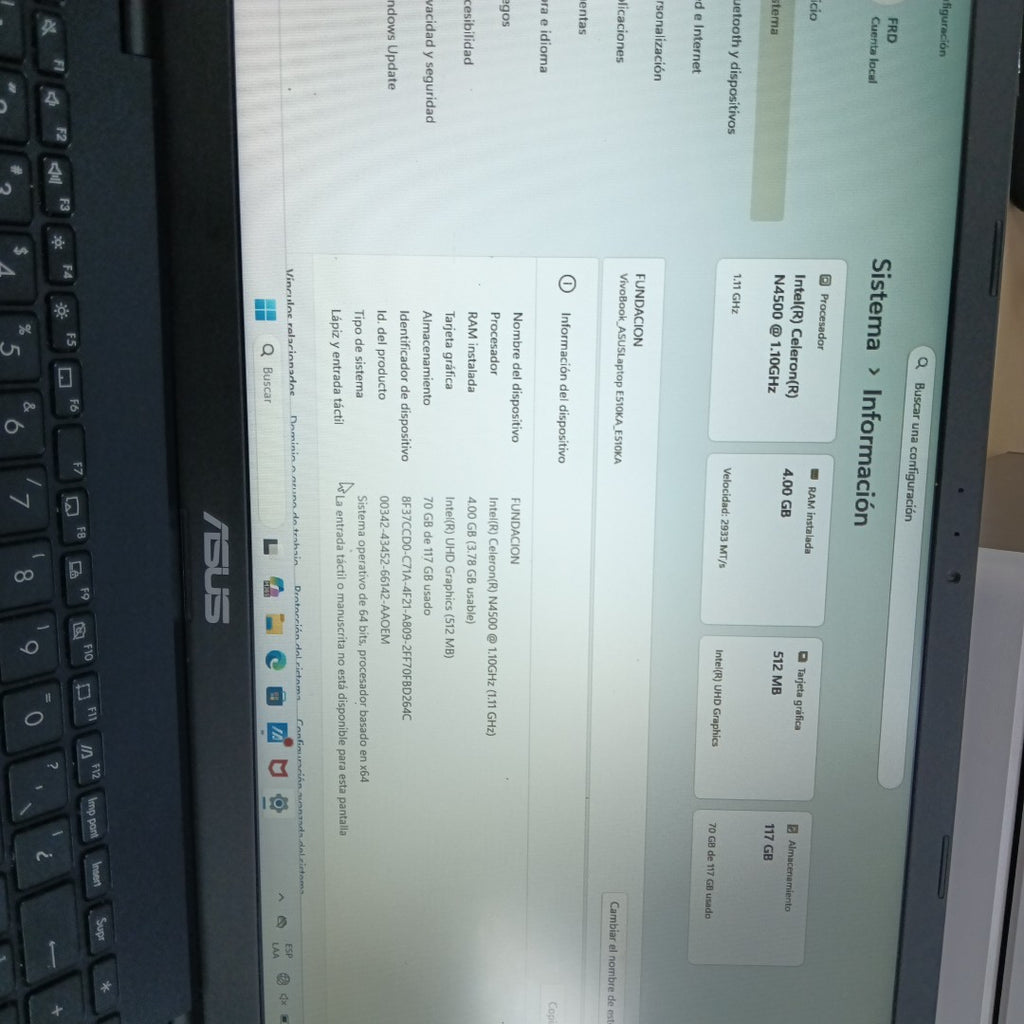 LAPTOP ASUS VIVOBOOK E510KA-BR760W (2024) 128 GB SSD 4 GB RAM (SEMINUEVO)