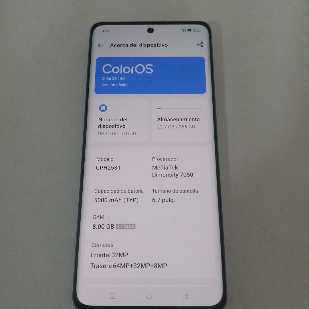 CELULAR OPPO  RENO10 5G CPH2531 (2023) 256 GB 8 GB RAM (SEMINUEVO)
