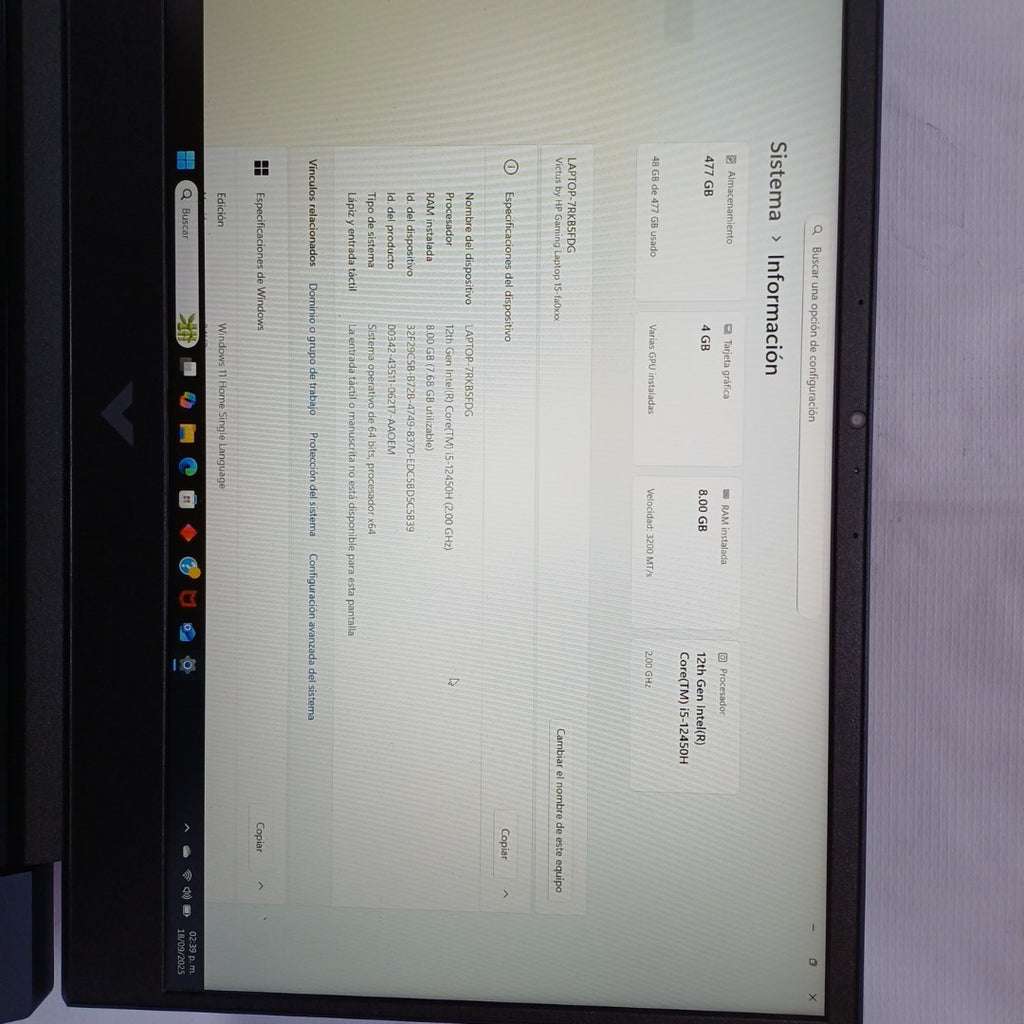 LAPTOP HP VICTUS 15-FA0021LA (2024) 512 GB SSD 8 GB RAM (SEMINUEVO)