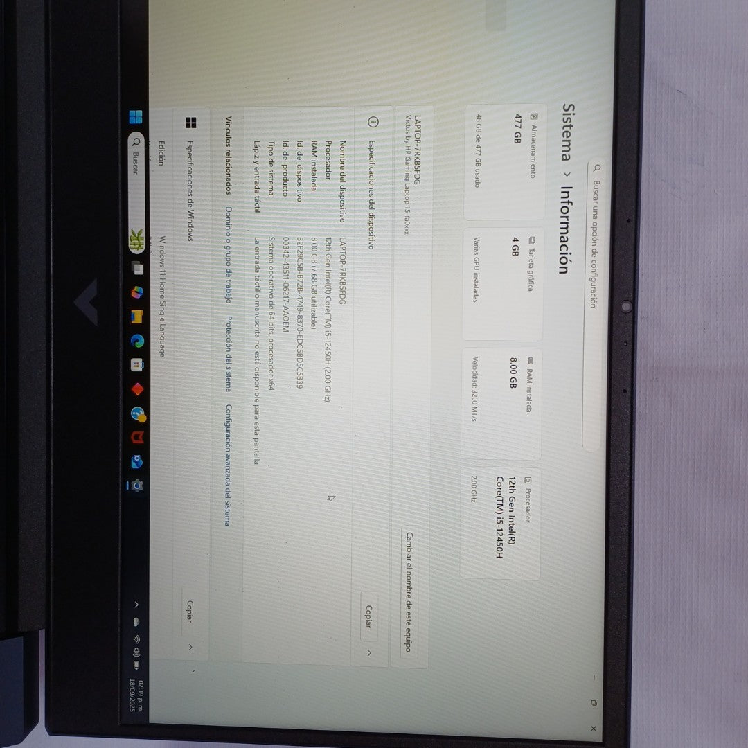 LAPTOP HP VICTUS 15-FA0021LA (2024) 512 GB SSD 8 GB RAM (SEMINUEVO)
