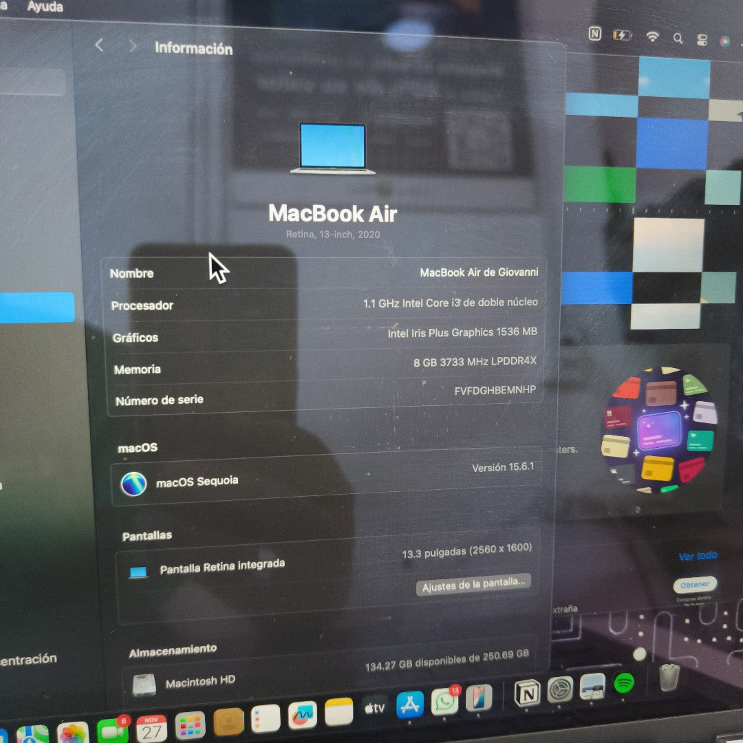 LAPTOP APPLE MACBOOK AIR 13" 2020 1.1 A2179 256 GB SSD 8 GB RAM (SEMINUEVO)