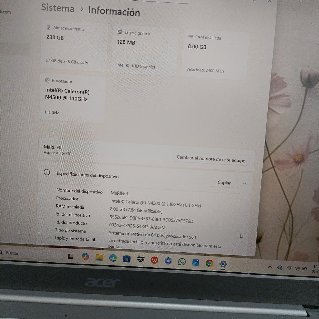 LAPTOP ACER ASPIRE LITE 15 AL15-31P-C2MZ (2024) 256 GB SSD 8 GB RAM (SEMINUEVO)