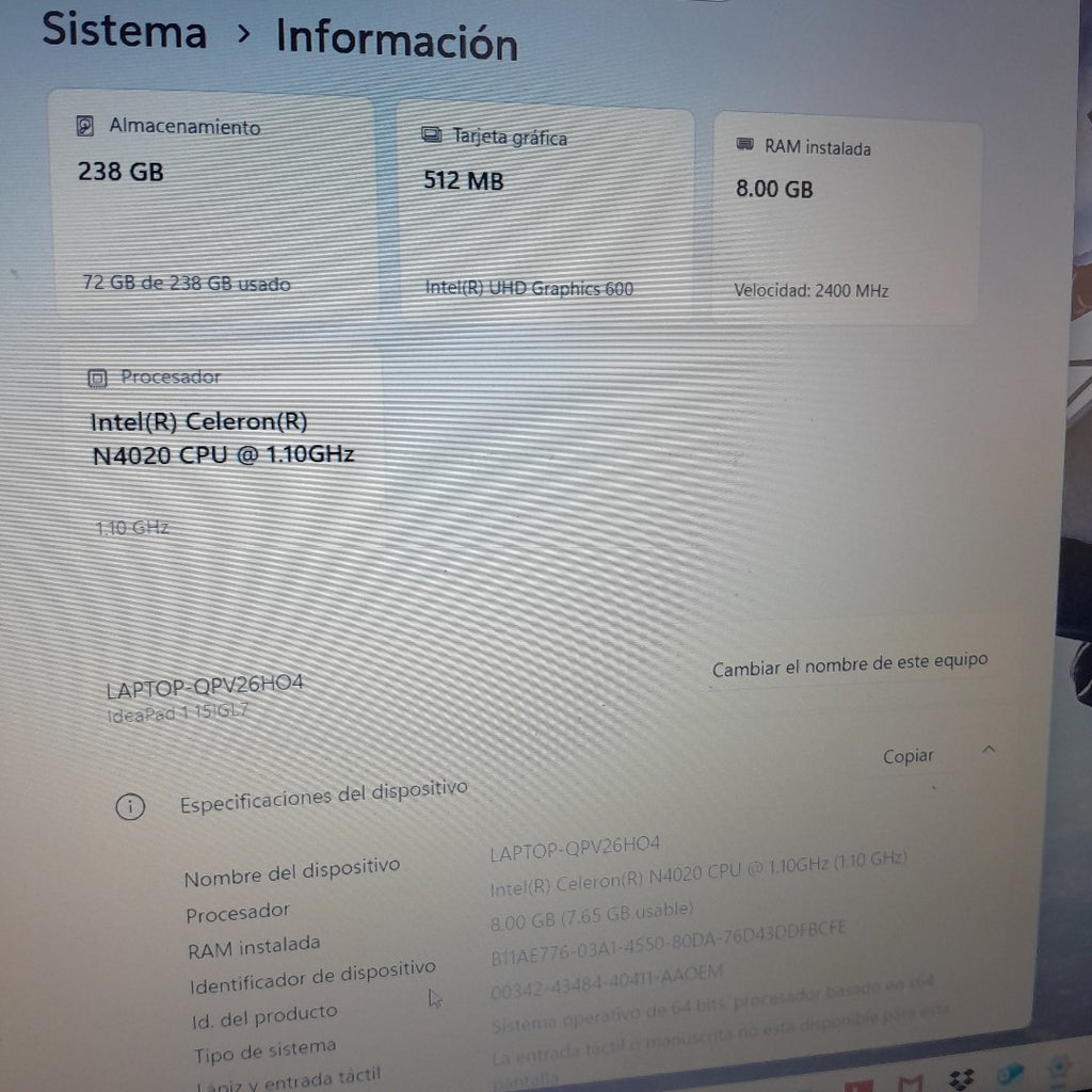 LAPTOP LENOVO IDEAPAD 1 15IGL7 (2024) 256 GB SSD 8 GB RAM (SEMINUEVO)