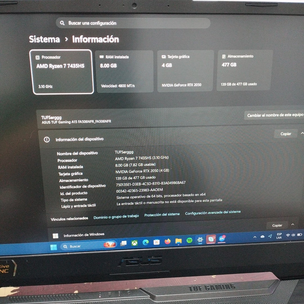 LAPTOP ASUS TUF GAMING A15 FA506NFR-HN007W (2024) 512 GB SSD 8 GB RAM (SEMINUEVO)