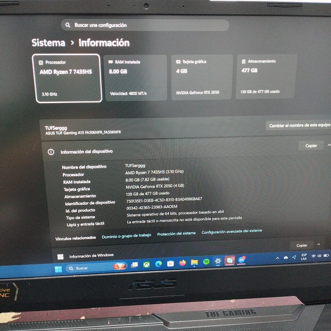 LAPTOP ASUS TUF GAMING A15 FA506NFR-HN007W (2024) 512 GB SSD 8 GB RAM (SEMINUEVO)